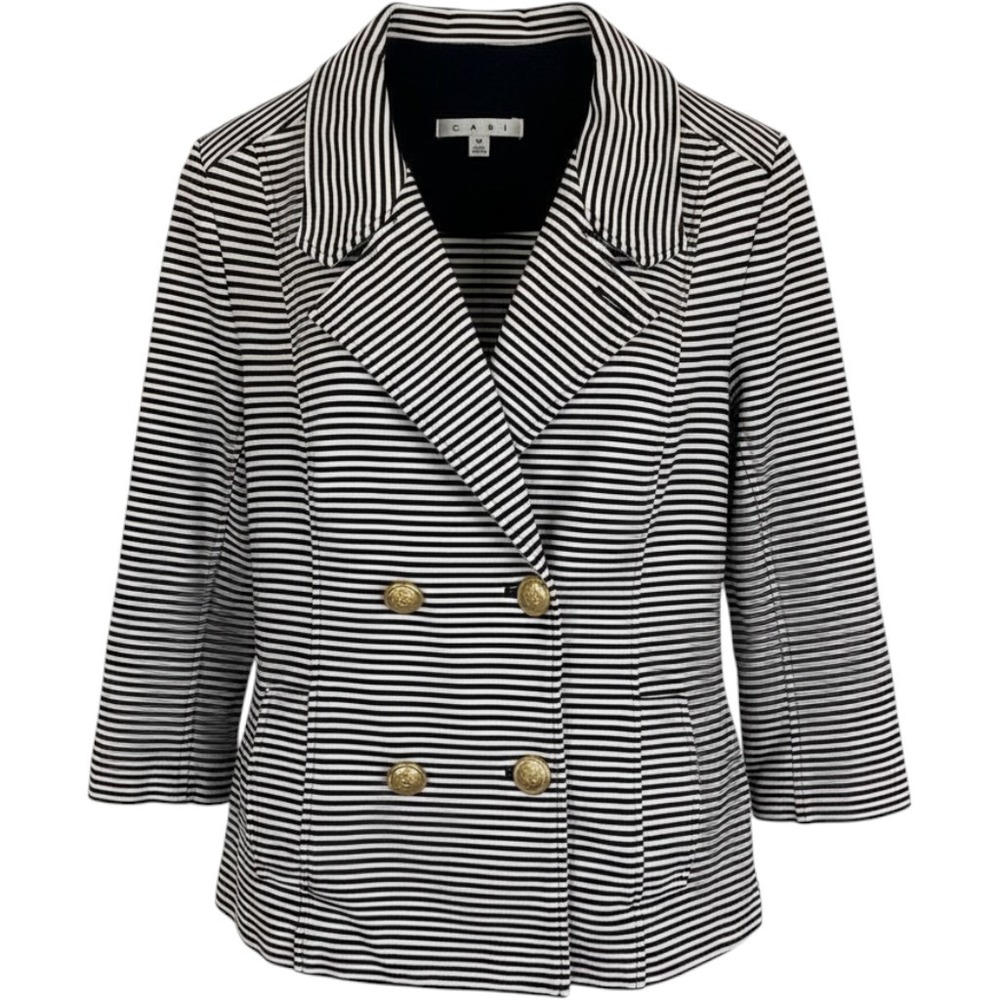 Cabi Womens 823 Knit Double Breasted Blazer Blue White Size M Nautical Preppy‎